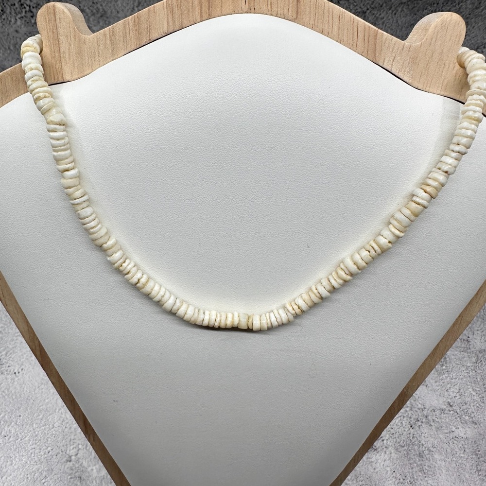 White Puka Heishi Shell Necklace Disc Beads Barrel Clasp Coastal Boho Vintage